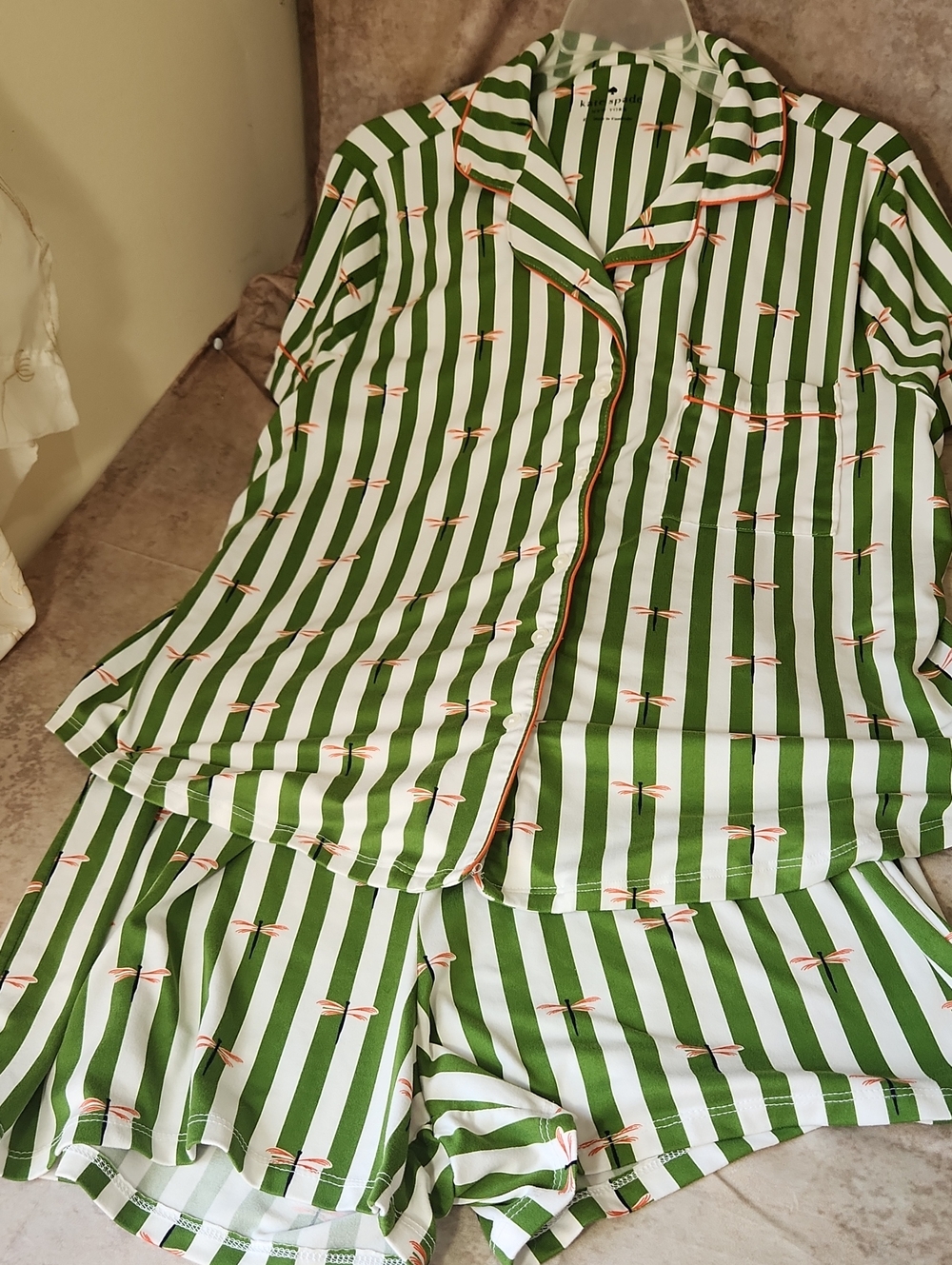 kate spade Green and White Striped Pajama Set with Coral Detail